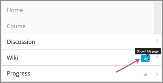 The list of default course pages. Only the Wiki and Progress pages have Show/Hide controls.