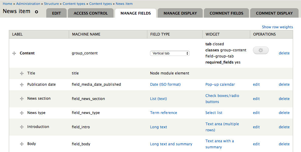 Drupal's content type editing interface